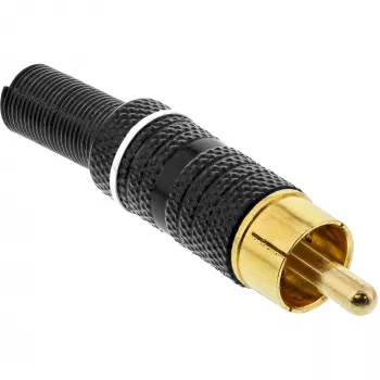 Ficha RCA InLine para soldar anel branco metal preto para cabo de 6 mm