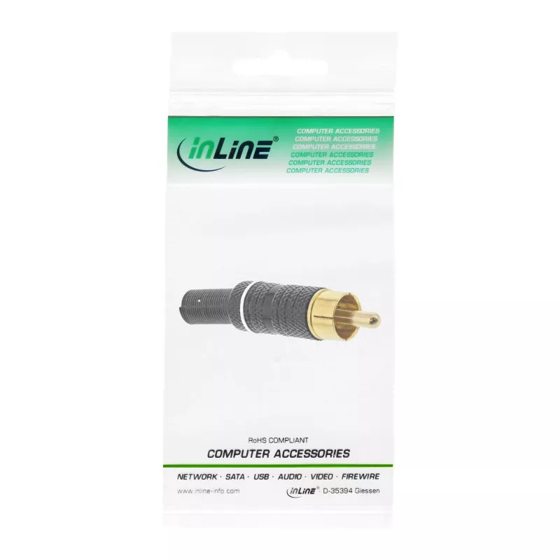 Ficha RCA InLine para soldar anel branco metal preto para cabo de 6 mm