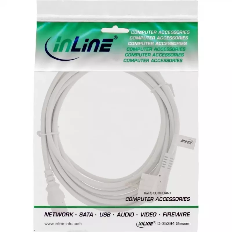 Cabo de alimentação InLine, CEE 7/7 angular / ficha IEC C13 de 3 polos, branco, 5 m