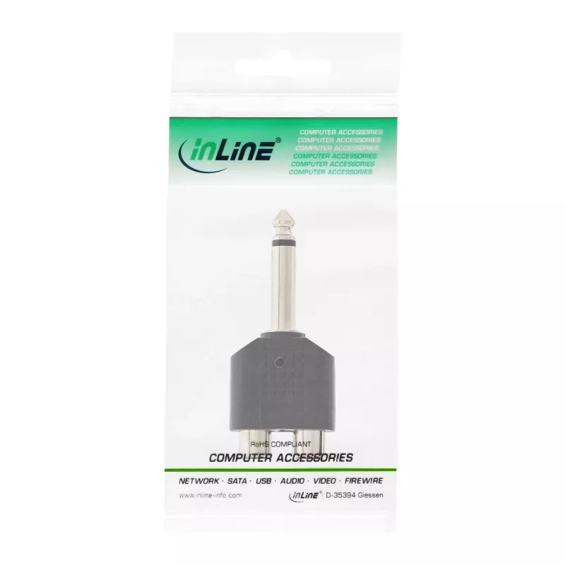 Adaptador de áudio InLine ficha jack 6,3 mm mono / 2x conector fêmea RCA