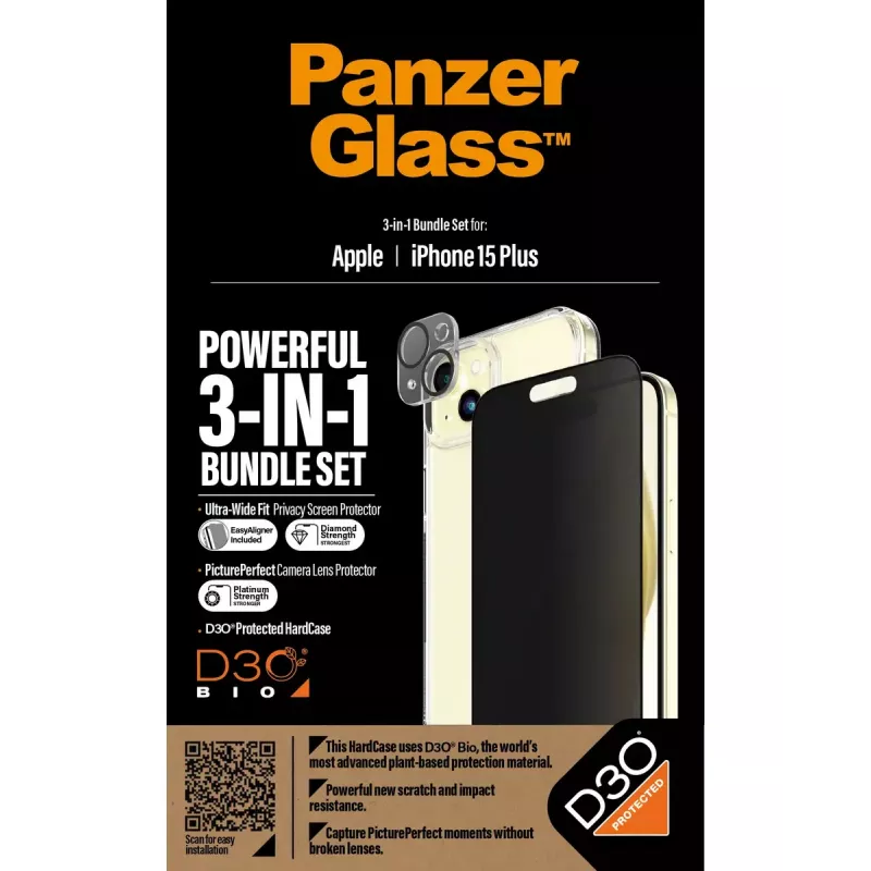 PanzerGlass Privacy pack 3 em 1 iPhone 15 Plus vidro temperado