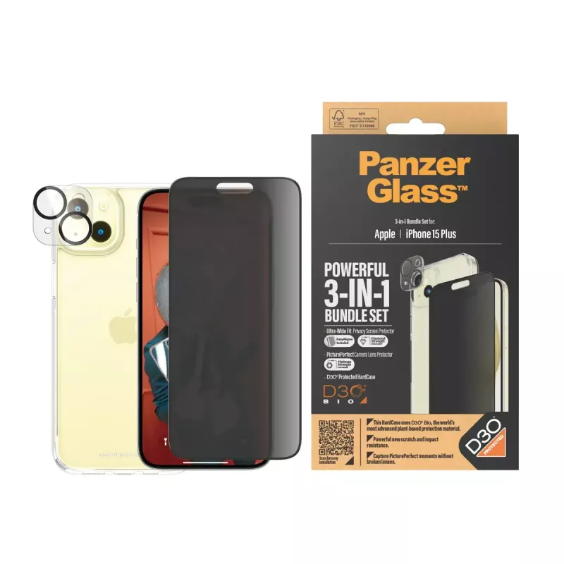PanzerGlass Privacy pack 3 em 1 iPhone 15 Plus vidro temperado