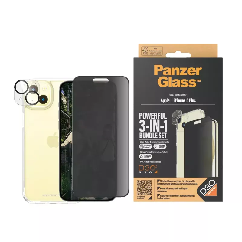 PanzerGlass Privacy pack 3 em 1 iPhone 15 Plus vidro temperado