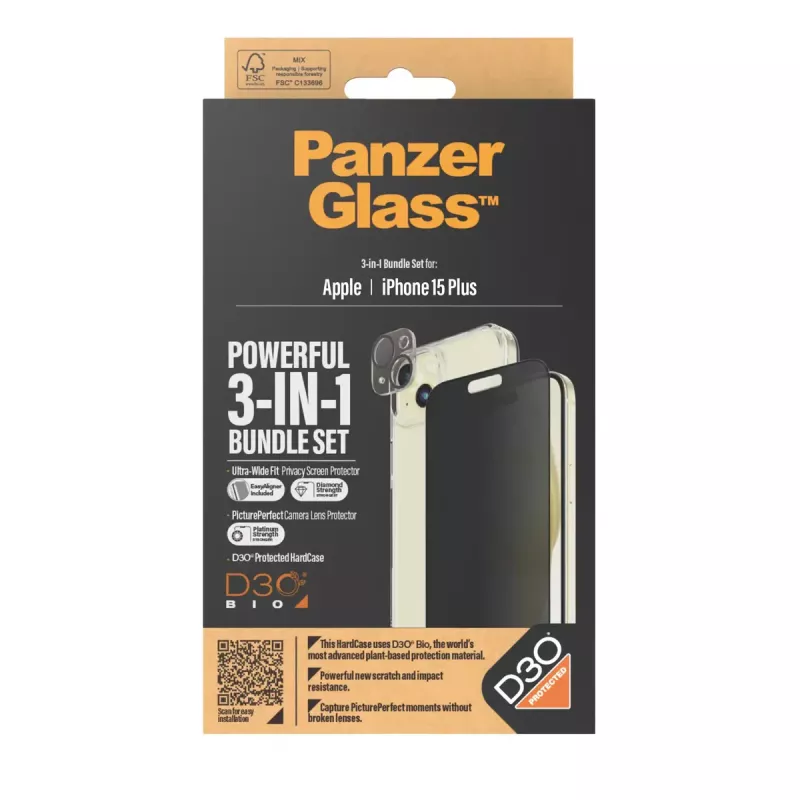 PanzerGlass Privacy pack 3 em 1 iPhone 15 Plus vidro temperado