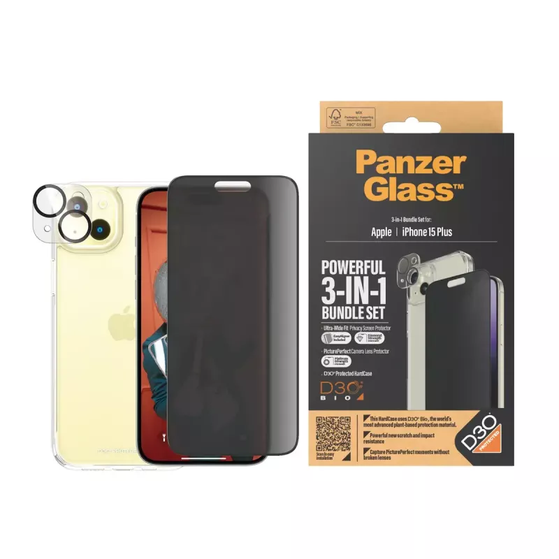 PanzerGlass Privacy pack 3 em 1 iPhone 15 Plus vidro temperado