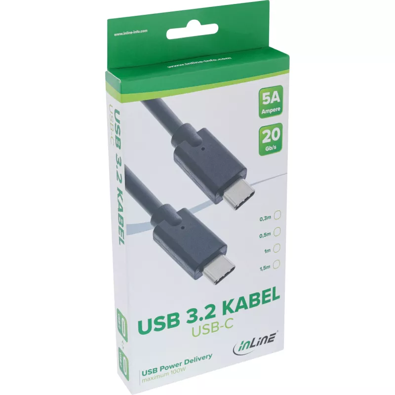 Cabo InLine USB 3.2 Gen.2x2 USB-C macho/macho 0,3 m 20 Gbit/s preto