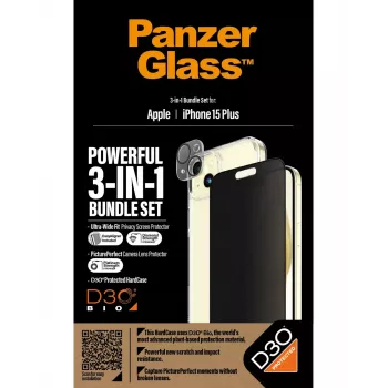 PanzerGlass pack 3 em 1 iPhone 15 Plus vidro temperado resistente a impactos
