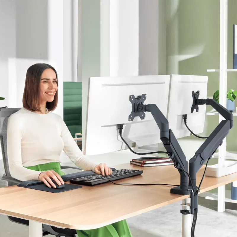 Suporte de monitor duplo Leitz Ergo poupa-espaço, 9 kg, 43,2 cm (17 polegadas), 81,3 cm (32 polegadas), 75 x 100 mm, altura ajustável, cinzento