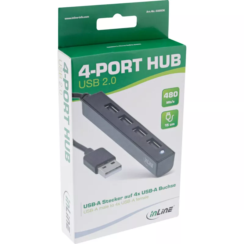 Hub USB 2.0 4 portas InLine, ficha USB-A para 4x conector fêmea USB-A, cabo 15cm