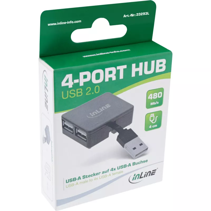 Hub USB 2.0 4 portas InLine, ficha USB-A para 4x conector fêmea USB-A, cabo 4cm