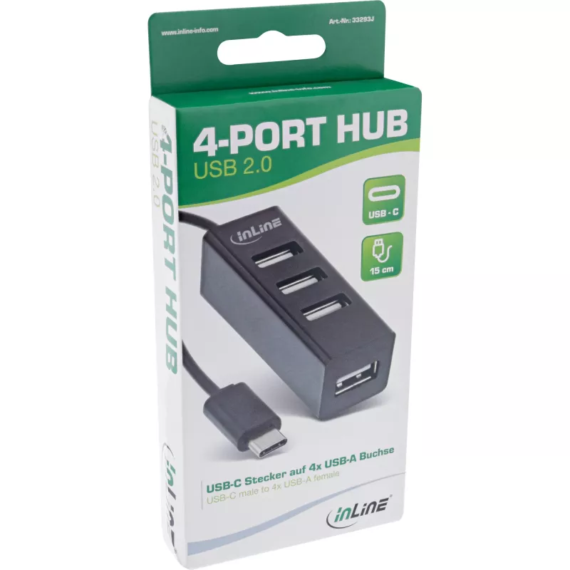 Hub USB 2.0 4 portas InLine, ficha USB-C para 4x conector fêmea USB-A, cabo 15cm