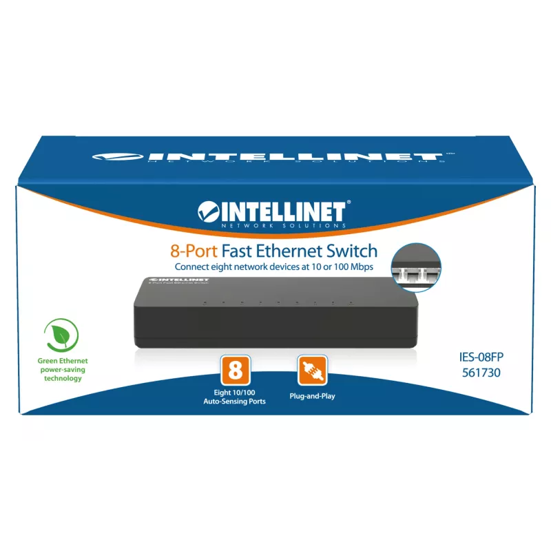 Switch Fast Ethernet 8 portas Intellinet tamanho de secretária, plástico, IEEE 802.3az (Energy Efficient Ethernet), preto