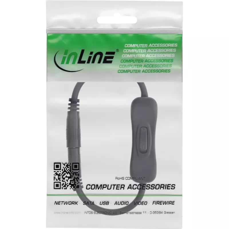 Cabo DC InLine com interruptor, ficha/conector fêmea DC 5,5x2,1mm, AWG 18, preto, 0,20m