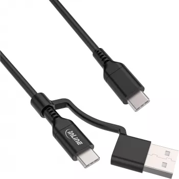 Cabo USB-C 2 em 1 InLine + adaptador USB-A, USB 2.0, 100W, TPE, preto, 1m