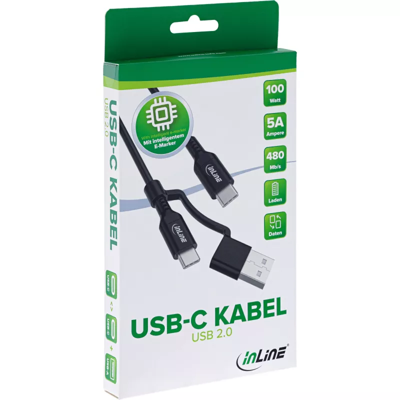 Cabo USB-C 2 em 1 InLine + adaptador USB-A, USB 2.0, 100W, TPE, preto, 2m