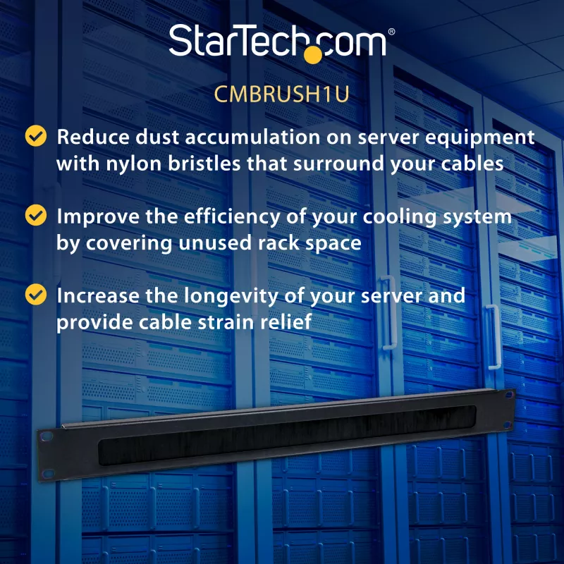 StarTech.com painel de gestão de cabos com tira de escovas de alta densidade 1U, guia de cabos horizontal em aço fiável para centros de dados