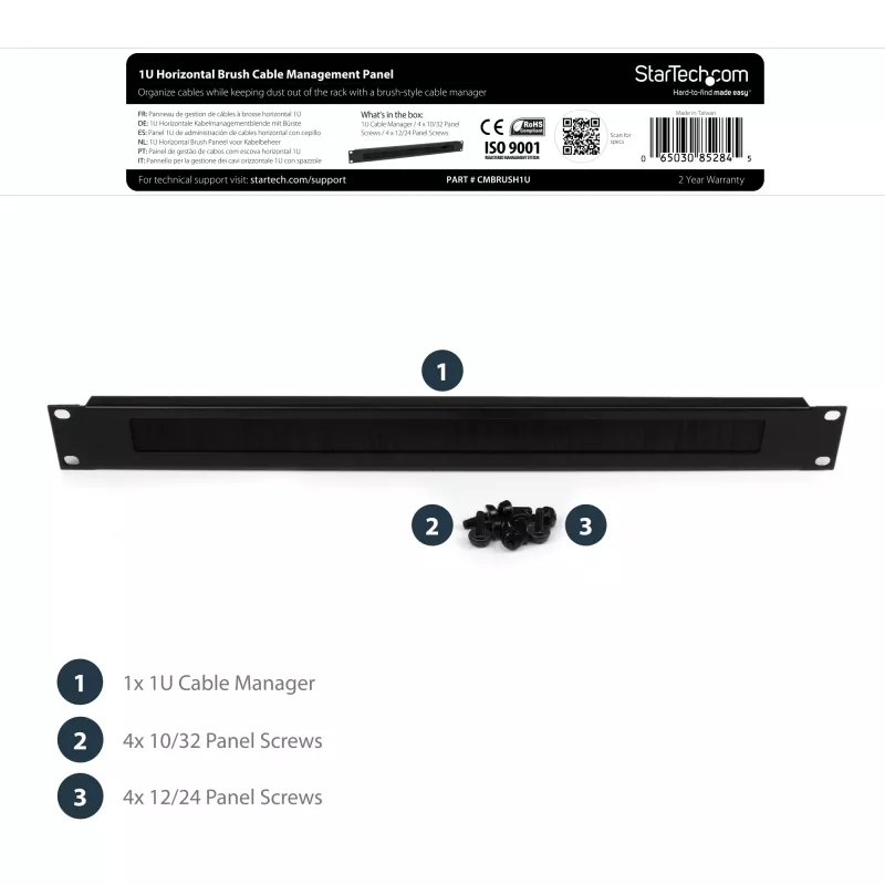 StarTech.com painel de gestão de cabos com tira de escovas de alta densidade 1U, guia de cabos horizontal em aço fiável para centros de dados