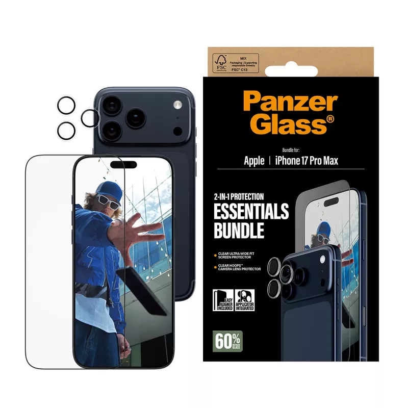 PanzerGlass 2-in-1 Essentials Bundle iPhone 17 Pro Max resistente a riscos e choques