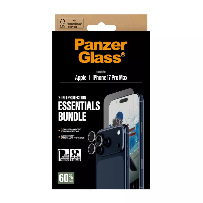 PanzerGlass 2-in-1 Essentials Bundle iPhone 17 Pro Max resistente a riscos e choques