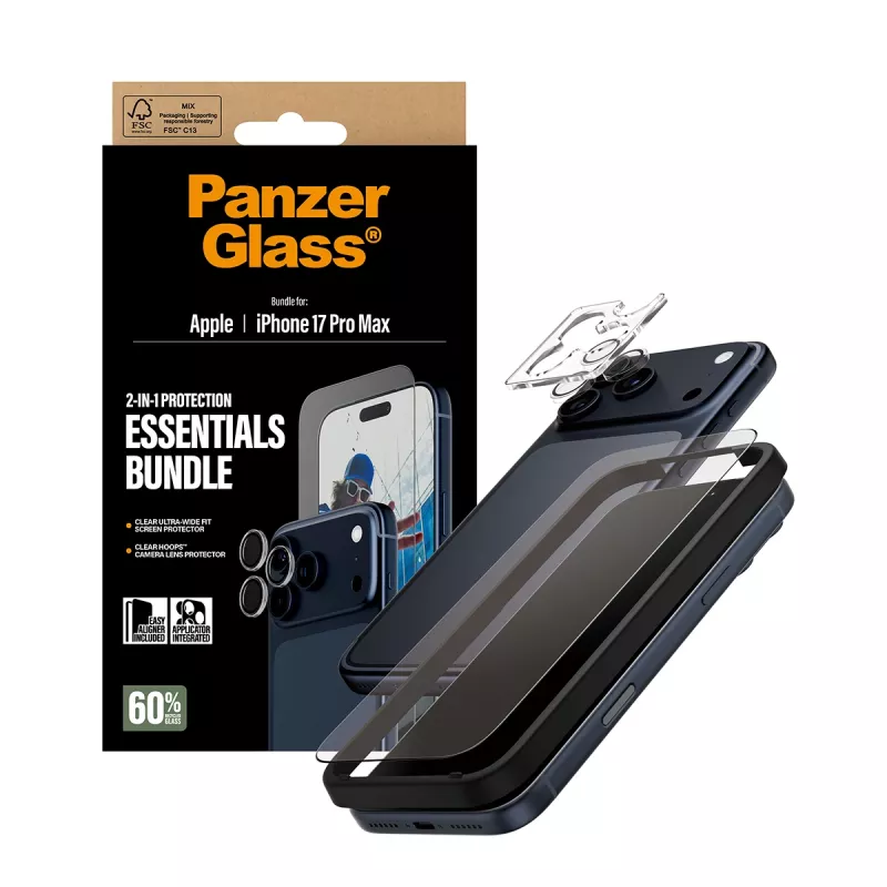 PanzerGlass 2-in-1 Essentials Bundle iPhone 17 Pro Max resistente a riscos e choques