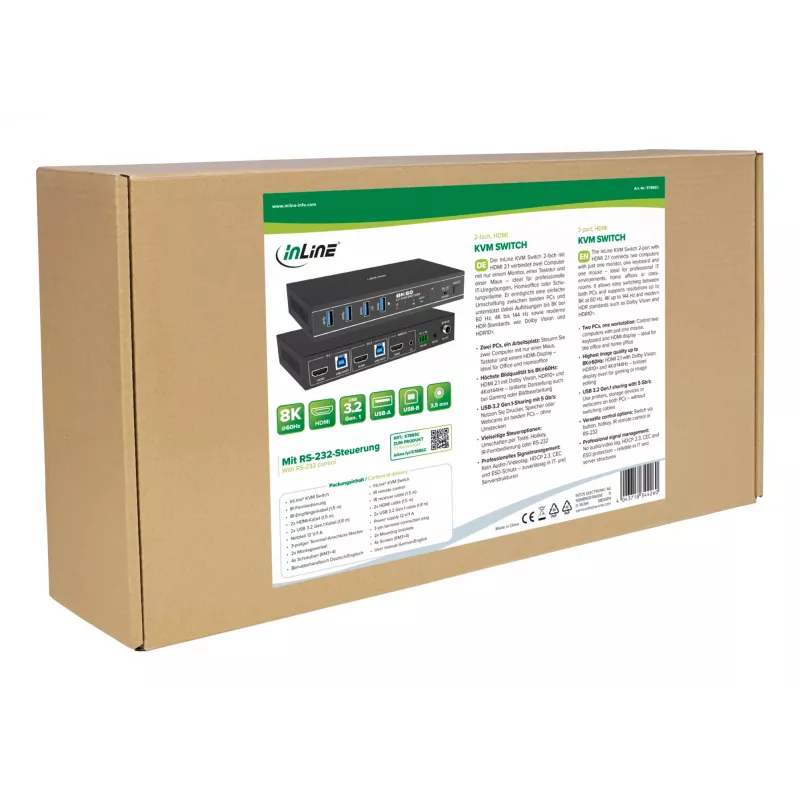 InLine 57885C Switch KVM, 2 portas, HDMI, 8K@60Hz, USB 3.2, com IR e RS-232