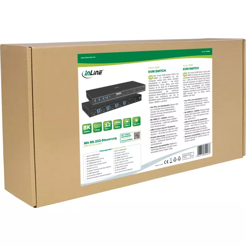 InLine 57885D Switch KVM, 4 vias, HDMI, 8K@60Hz, USB 3.2, com IR e RS-232