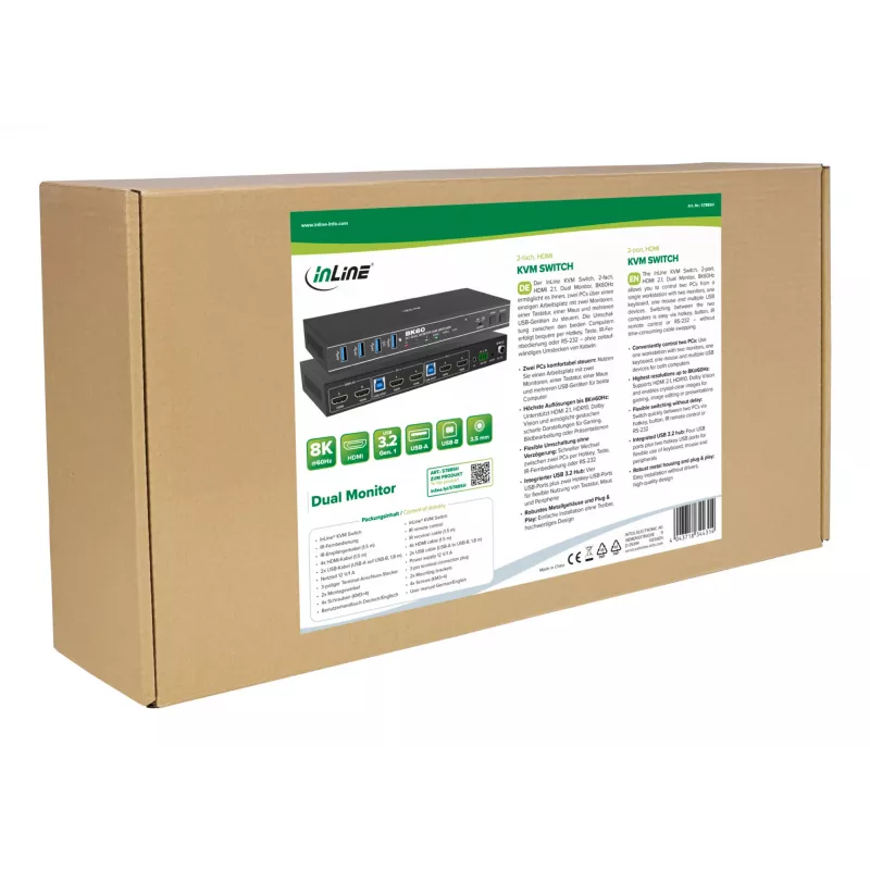 InLine 57885H Switch KVM, 2 vias, HDMI, monitor duplo, 8K60Hz, hub USB, preto