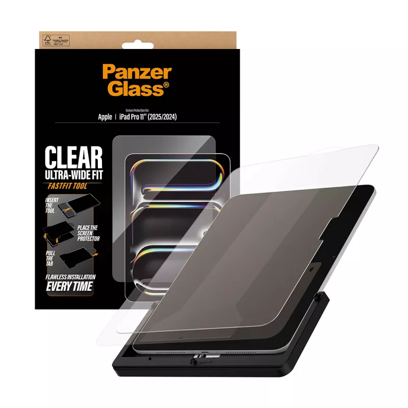 Película de vidro temperado PanzerGlass para iPad Pro 11 polegadas (2024–2025) — Ultra-Wide Fit, ferramenta FastFit