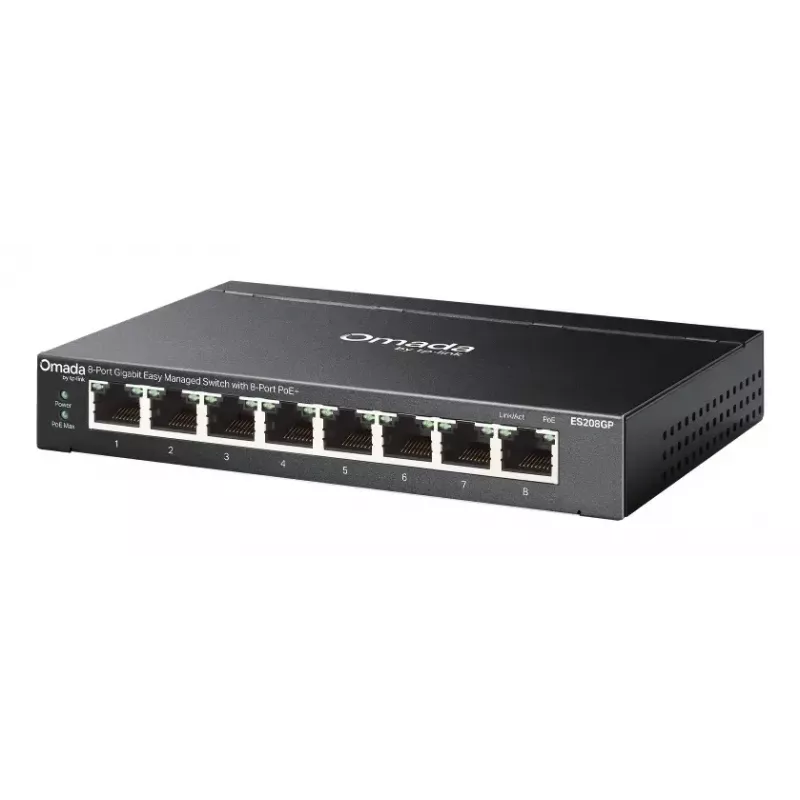 TP-Link Omada ES208GP Switch de rede Gerido L2 Gigabit Ethernet (10/100/1000) Power over Ethernet (PoE) calha DIN preto