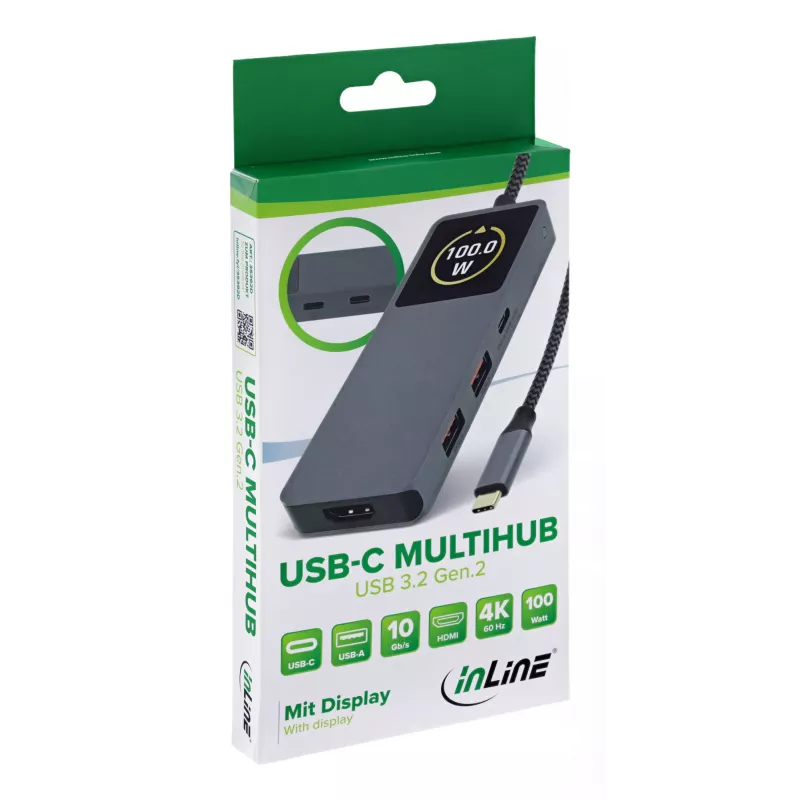 Hub de interface USB-C InLine 35392D USB 3.2 Gen 2 Type-C host para HDMI, USB-A, USB-C 10000 Mbit/s cinzento