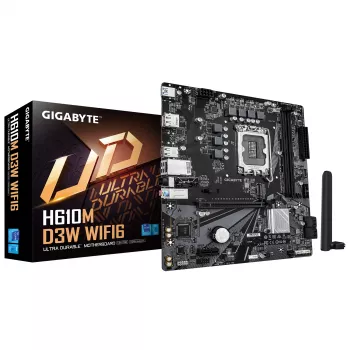 Placa-mãe GIGABYTE H610M D3W WIFI6 – suporta CPUs Intel Core de 14.ª geração, 5+1+1 fases VRM, até 5600 MHz DDR4, 1x PCIe 3.0 M.2, Wi-Fi 6, 1GbE LAN, USB 3.2 Gen 1