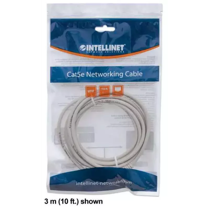 Cabo de rede patch Intellinet, Cat6, 3m, cinzento, CCA, U/UTP, PVC, RJ45, contactos banhados a ouro, proteção da patilha, com alívio de tensão, garantia vitalícia