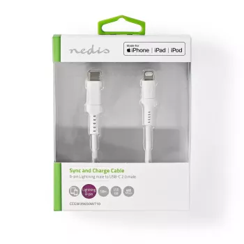 Cabo Lightning Nedis CCGW39650WT10 1 m branco USB-C