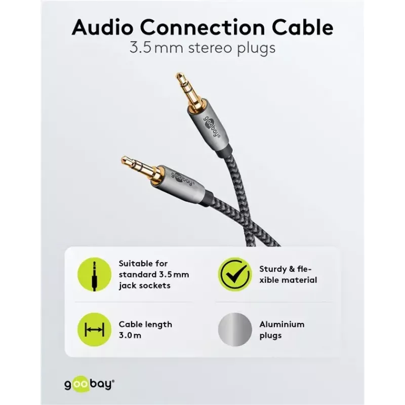 Cabo de áudio WENTRONIC Goobay 65275 — 3 m, 3,5 mm TRS macho-macho, contactos banhados a ouro, blindagem magnética