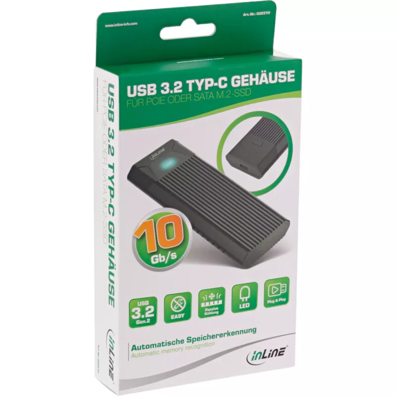 Caixa InLine USB3.2 Gen.2 USB-C para M.2 SSD (PCIe NVMe e SATA)