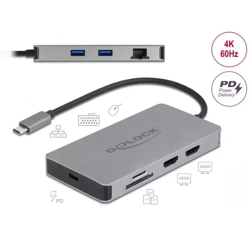 Docking station USB Type-C DeLOCK 4K Dual HDMI MST USB 3.2 SD LAN PD 3.0