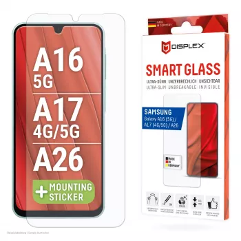 Displex Smart Glass (9H) para Samsung Galaxy A26/A16 (5G)/A17 (4G/5G), autocolante de montagem, inquebrável