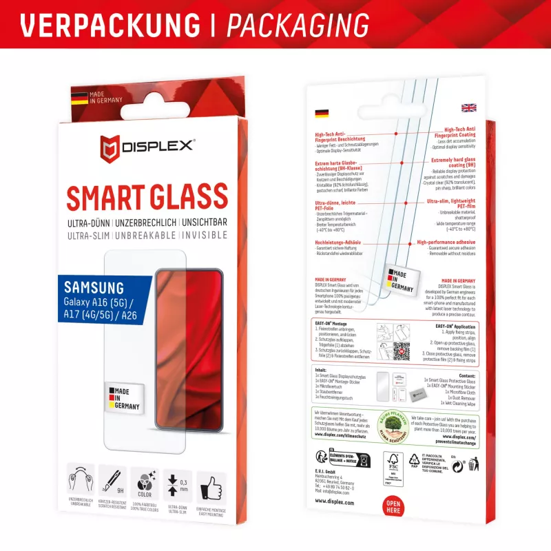 Displex Smart Glass (9H) para Samsung Galaxy A26/A16 (5G)/A17 (4G/5G), autocolante de montagem, inquebrável