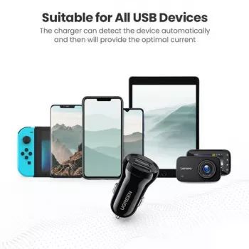 Ugreen 50875 carregador móvel MP4, computador móvel preto isqueiro para automóvel