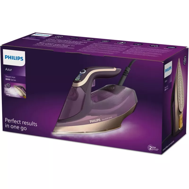 Philips DST8040/30 Azur 8000 Series ferro a vapor, 3000 W, depósito de 0,35 L, base SteamGlide Elite, vapor vertical, 80 g/min, jato de vapor de 260 g/min, roxo escuro