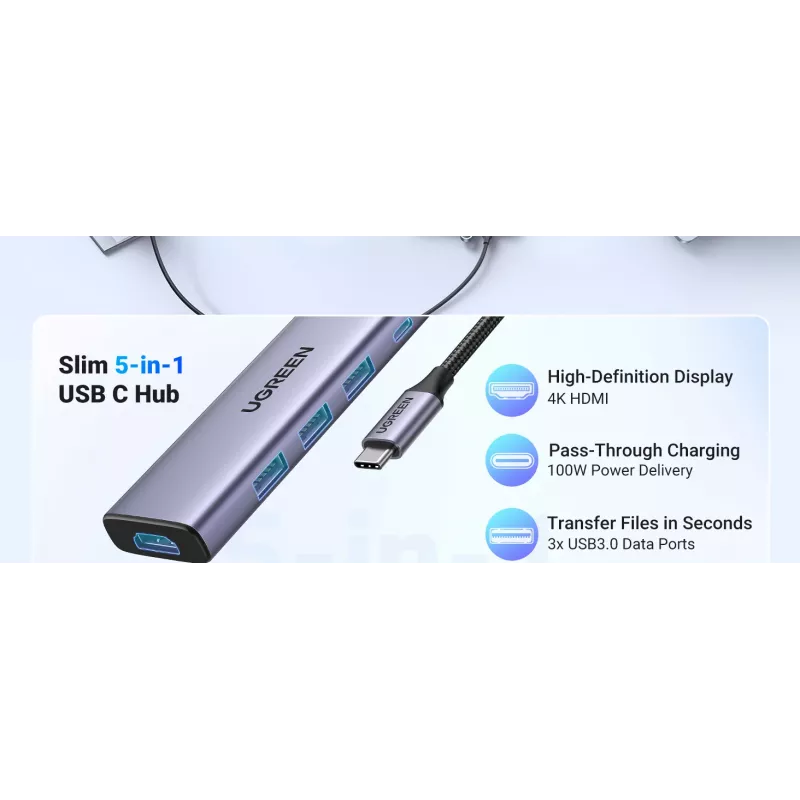 Hub USB Type-C UGREEN 20956A com HDMI e USB 3.0, 5 Gbit/s, 4K 3840x2160, Prateado