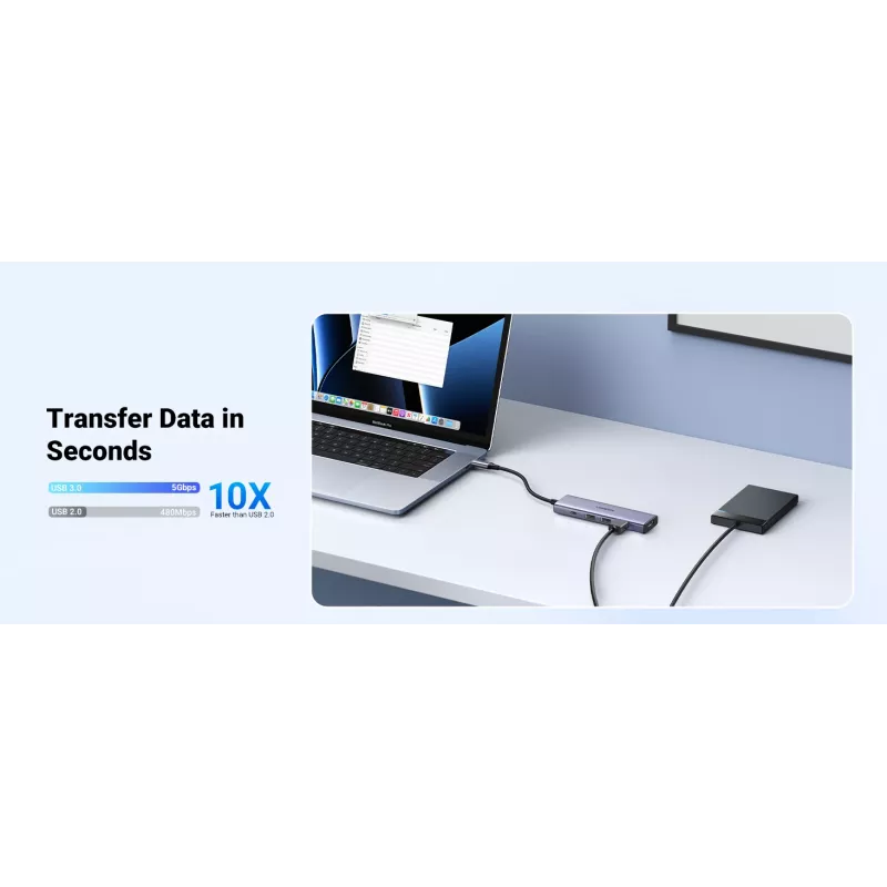 Hub USB Type-C UGREEN 20956A com HDMI e USB 3.0, 5 Gbit/s, 4K 3840x2160, Prateado