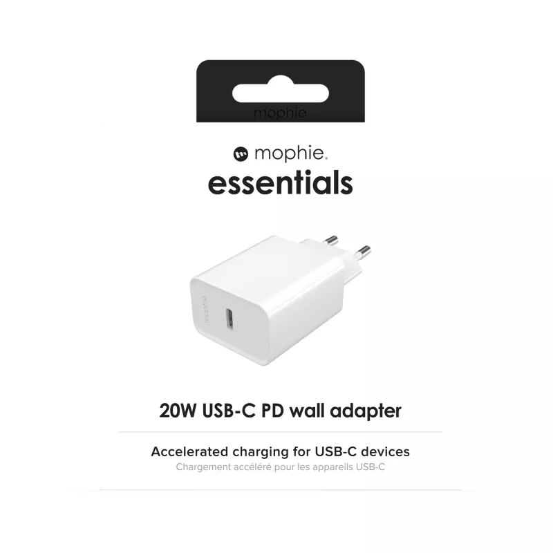 Fonte de alimentação mophie essentials 20W USB-C PD universal branca carregamento rápido AC interior