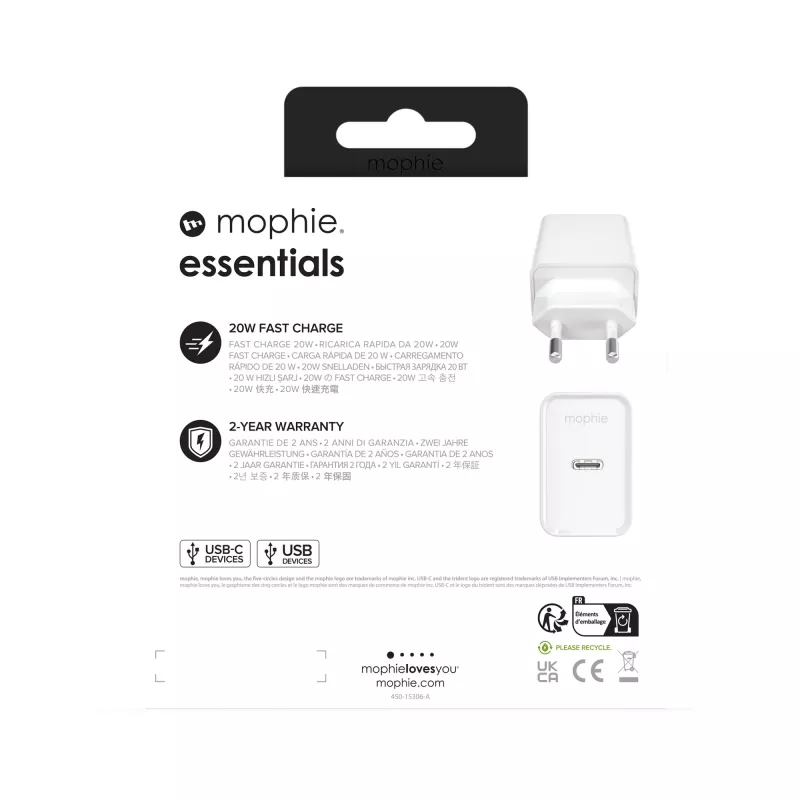 Fonte de alimentação mophie essentials 20W USB-C PD universal branca carregamento rápido AC interior