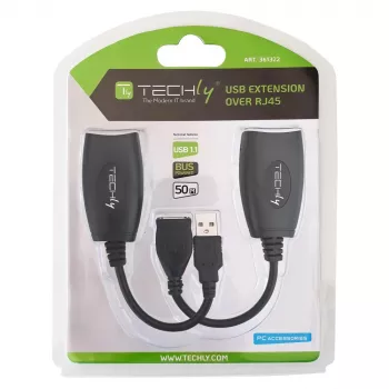 Extensor USB Techly IUSB-EXTENDTY5 através de cabo Cat.5e/6 até 50 m, USB Type-A para RJ-45, USB 1.1, sem fonte de alimentação, preto