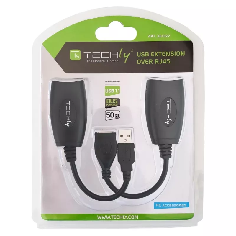 Extensor USB Techly IUSB-EXTENDTY5 através de cabo Cat.5e/6 até 50 m, USB Type-A para RJ-45, USB 1.1, sem fonte de alimentação, preto