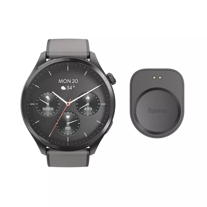 Hama Smartwatch 9000 00178627, 1,43 polegadas (3,63 cm) AMOLED, GPS, armazenamento de música, resistente à água, bracelete de silicone, antracite