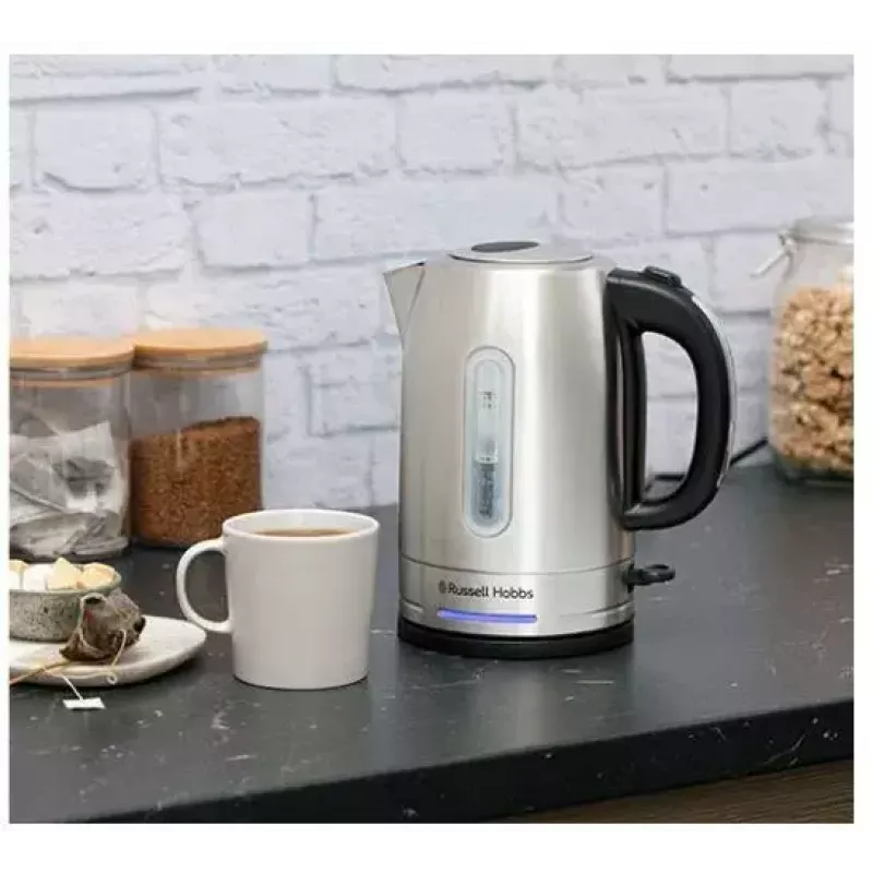Fervedor elétrico Russell Hobbs Quiet Boil 26300-70, 1,7 l, 2400 W, aço inoxidável, base rotativa, elemento de aquecimento oculto, prateado