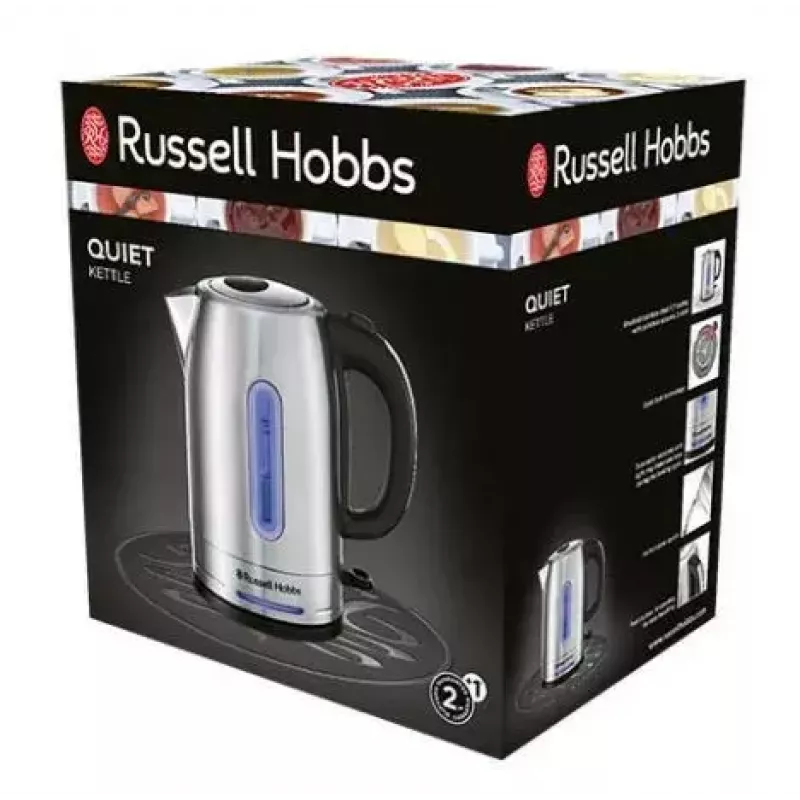 Fervedor elétrico Russell Hobbs Quiet Boil 26300-70, 1,7 l, 2400 W, aço inoxidável, base rotativa, elemento de aquecimento oculto, prateado