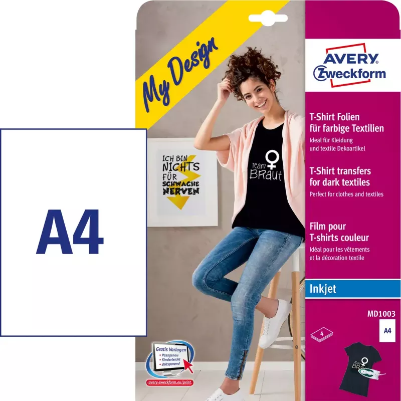 Transfer para roupa Avery MD1003 jato de tinta branco 210x297mm 4 unid.